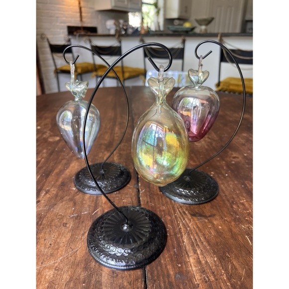 SET of 3 Vintage Italian Artisan HAND BLOWN GLASS Fruit Ornaments + Stands - Picture 3 of 16